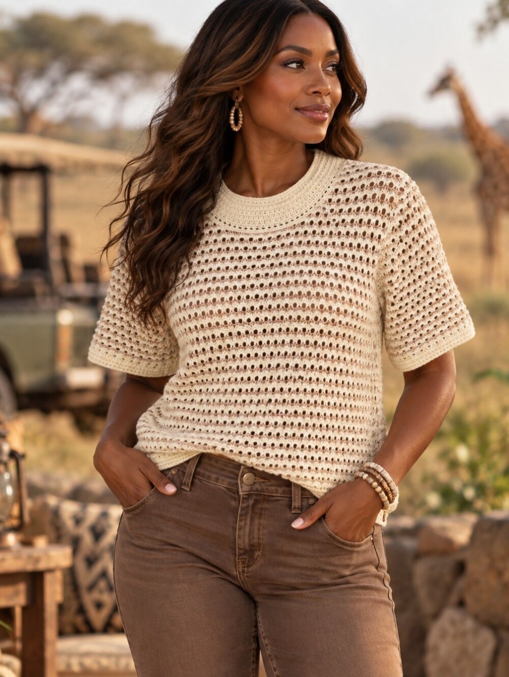 Nanette Lepore | NWT Open Knit Short Sleeve Sweater White Tan Medium